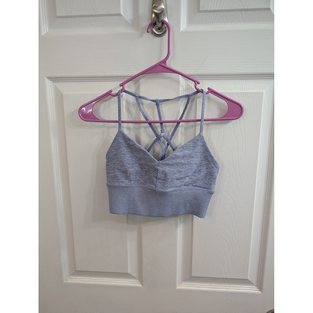 Alo Lavish Sports Bra Women XS Periwinkle Strappy Caged Back Longline Ribbed